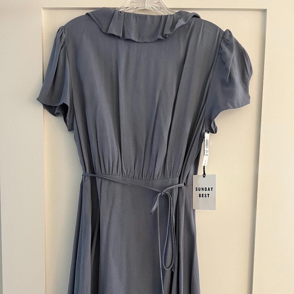 BRAND NEW: Aritzia, Sunday Best, New Ruffle Wrap Dress in Granite Blue